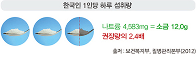 한국인 1인당 하루 섭취량 나트륨 4.583mg = 소금12.0g 권장량의 2.4배 출저: 보건복지부, 질병관리본부(2012)